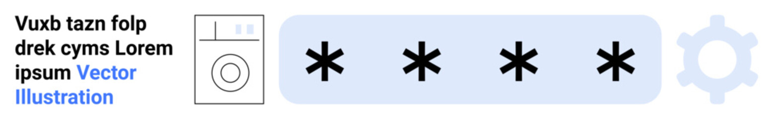 Fototapeta premium Cybersecurity, password protection, online safety, user authentication, data privacy, technology interface. A washing machine icon, security asterisks and a gear. Cybersecurity and password