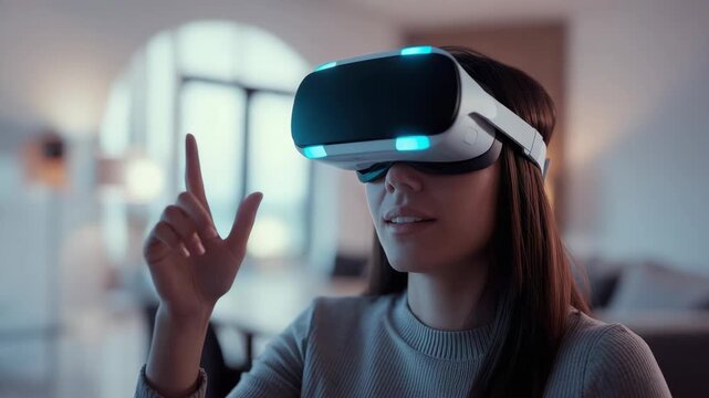 Young woman wearing virtual reality vr headset interacting with immersive digital interface cozy