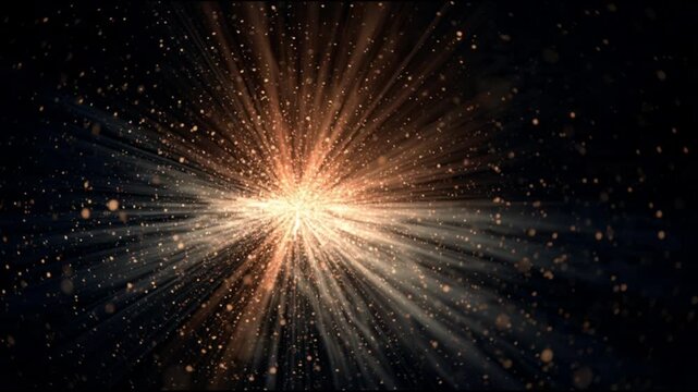 A bright gold starburst radiates vibrant orange and white light against a dark starry night sky with a sense of energy and movement.
