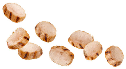 delicious grilled chicken breast pieces, showcasing perfect char marks and a juicy texture, scattered across a transparent background for dynamic food presentations.