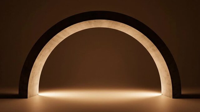 A minimalist, illuminated architectural archway sculpture provides warm, ambient lighting perfect for modern interior decoration designs.