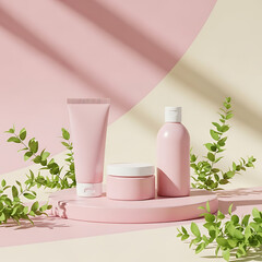 Pastel Skincare Products with Eucalyptus Leaves