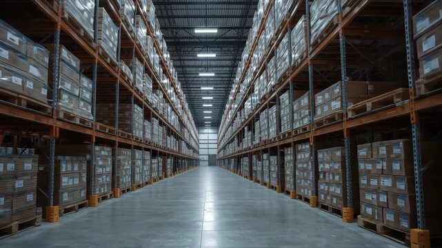 Spacious industrial warehouse aisle with stacked cardboard pallet boxes and shelving conveying calm