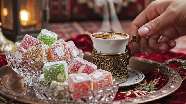 A tray with Turkish delight and steaming coffee, on a patterned surface