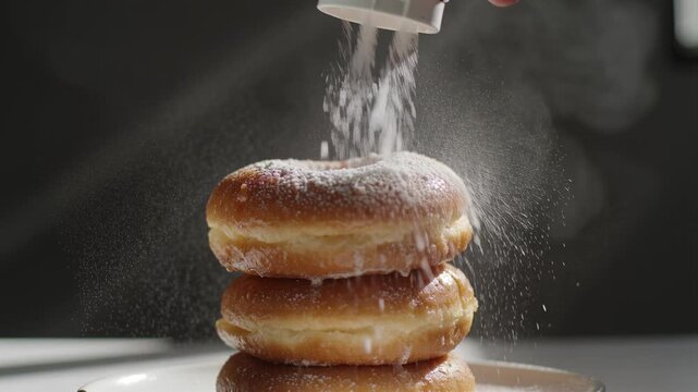 Close up of powdered sugar falling on a stack of fresh donuts against a dark background. Delicious sweet dessert concept perfect for bakery commercials or food blogs.