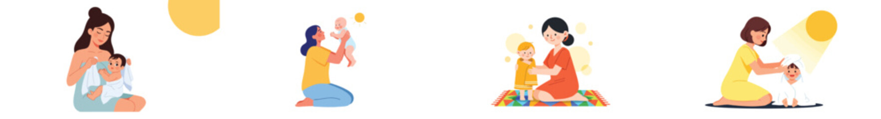 Mothers caring for babies in different scenarios