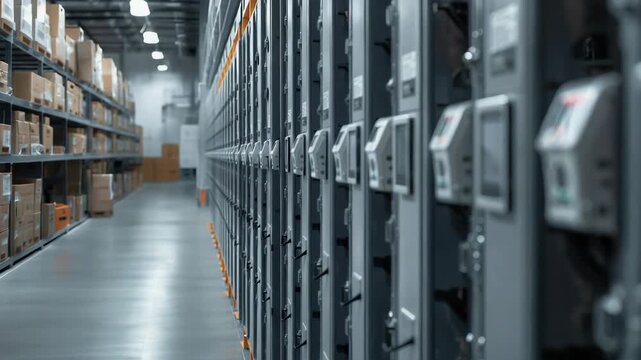 Industrial electrical meter and meter cabinet warehouse aisle with utility panel monitoring