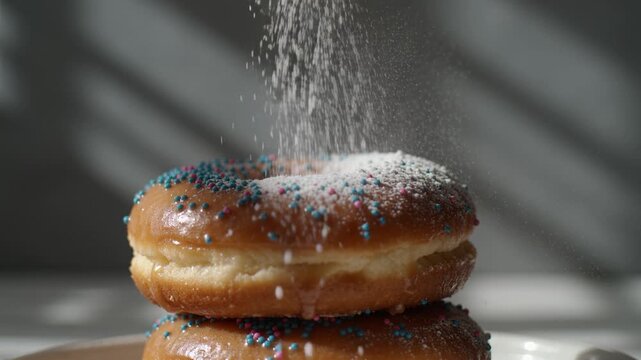 Close up of powdered sugar falling on glazed donuts with sprinkles. A delicious sweet dessert scene perfect for bakery commercials and food blogs.