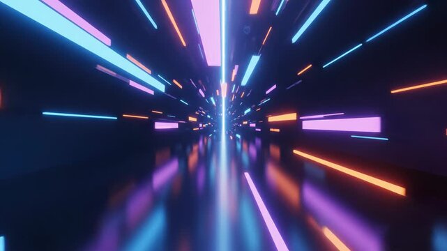 Vibrant colorful digital tunnel with glowing lines and rectangles speeding through space