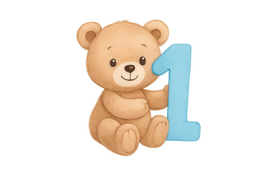 Cute teddy bear holding blue number one
