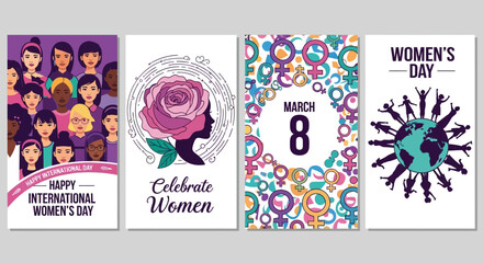 Four vibrant greeting card designs celebrating International Women's Day, featuring diverse women, floral motifs, gender symbols, and global unity.