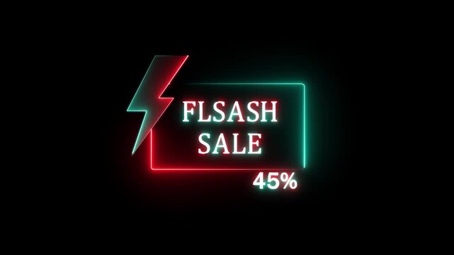 Glowing Neon Flash Sale Promo Animation with Electric Lightning Bolt, Shiny 45 Percent Discount Offer, Futuristic Neon Lights Shopping Banner and Special Promotion Ad Video.4K..