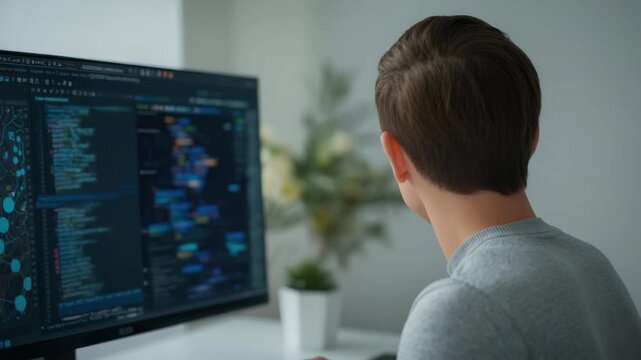 Young programmer desk with laptop and monitor showing code bright home office, smiling and focused