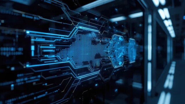 Futuristic digital circuit map interface with glowing blue circuit board and sleek technology