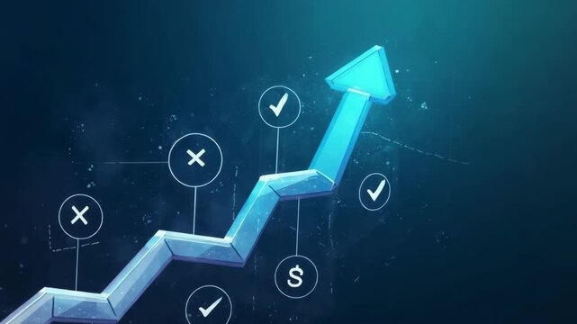 Business success roadmap concept. Points to a upward path marked by progress icons and check marks, representing strategic planning, goal tracking and successful project execution in a corpo.