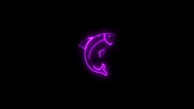 Neon purple dolphin jumping out of water glowing outline black background