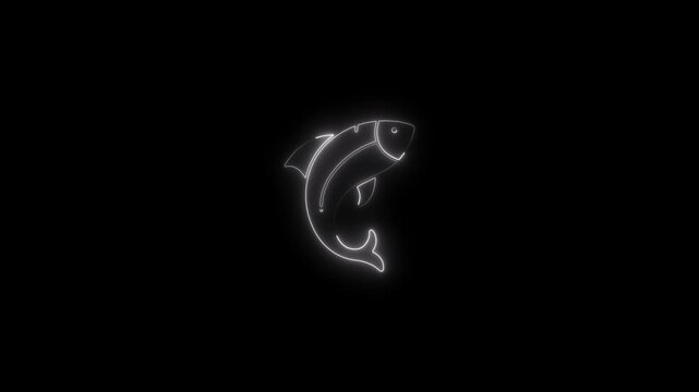 Glowing neon dolphin outline jumping out of water on black background