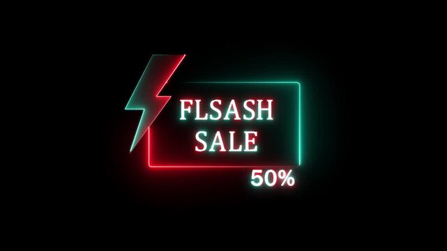 Glowing Neon Flash Sale Promo Animation with Electric Lightning Bolt, Shiny 50 Percent Discount Offer, Futuristic Neon Lights Shopping Banner and Special Promotion Ad Video.4K..