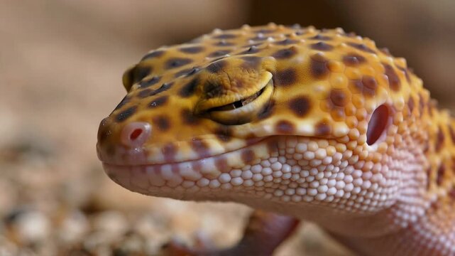 Close-up of a leopard gecko head resting on pebbled ground, showcasing mottled scales and vibrant color patterns.