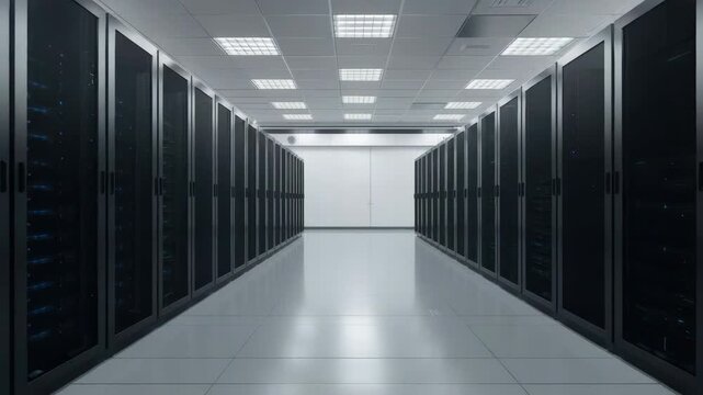 Server rack aisle in data center with glowing racks, reflective floor and cool ceiling lighting