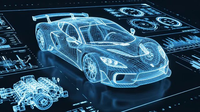 Wireframe sports car on a technical blueprint with glowing blue lines and diagrams