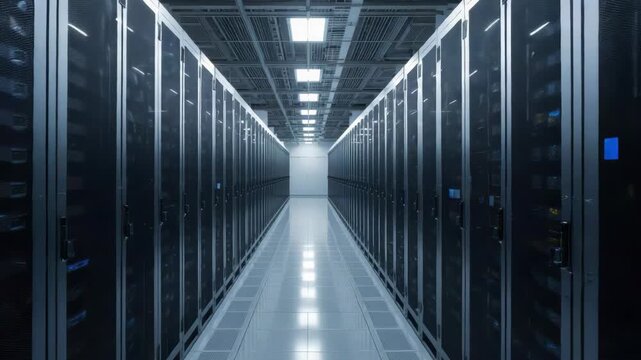 Clean server room corridor with rows of rack cabinet and cooling floor LED lighting data center