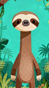 Cartoon sloth, jungle animal, tropical background, brown fur, cute illustration