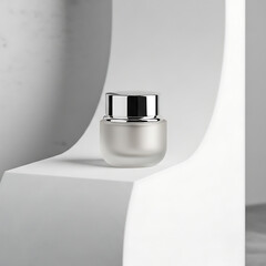 Frosted Cosmetic Jar on Geometric White Podium with Shadows
