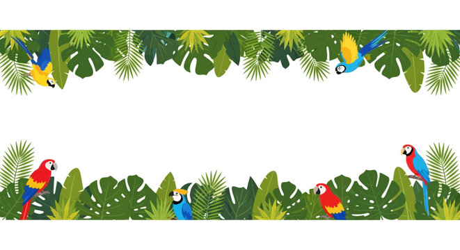 Tropical jungle border with flying macaw parrots. Vector summer palm leaves frame with exotic birds and copy space