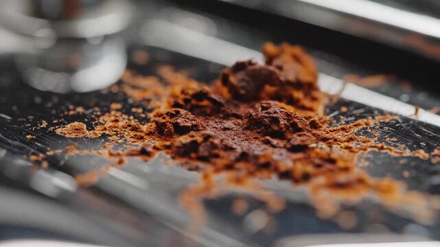 Coffee grounds being expelled from a machine onto a metal surface in a close-up view