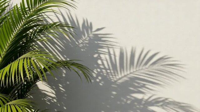 Palm Leaf Shadow on White Wall Tropical Green Leaves Sunlight Creating Silhouette Exotic Plant Against Textured Surface Minimal Natural Background