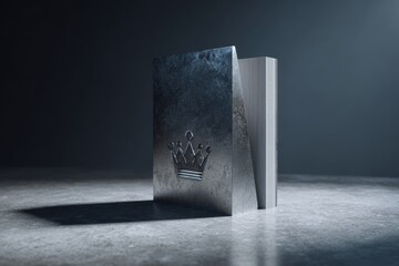 A heavy metal bookened with a crown icon engraved on the bookend face