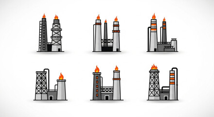 Obraz premium Set of six industrial factory illustrations with flames.