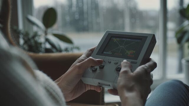 Close up of woman hands playing retro handheld game console near window. Cozy indoor atmosphere for gaming and entertainment technology concepts.