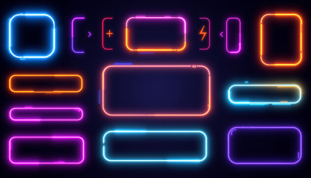 Neon button frame, glowing ui element, cyber interface panel, colorful outline border, futuristic web bar, electric light banner