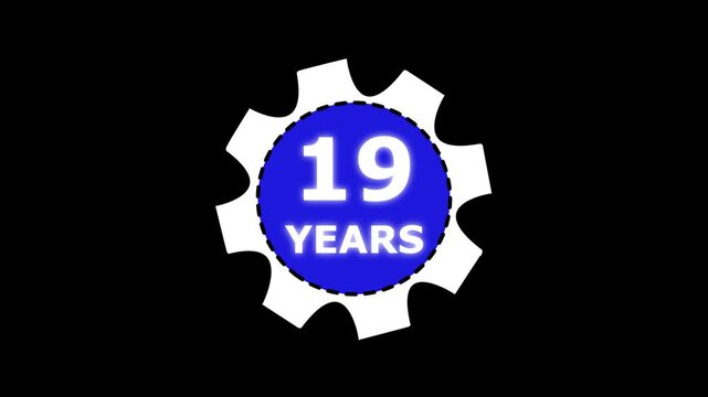Abstract 19 years glow alphabet number in sphere. 19 years text animation effects anniversary with setting gear animation on black background.