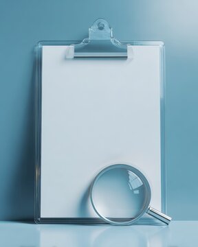 Clipboard holding a blank sheet of paper with a magnifying glass placed on top.
