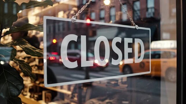 A sign on a store window reads closed during business hours downtown