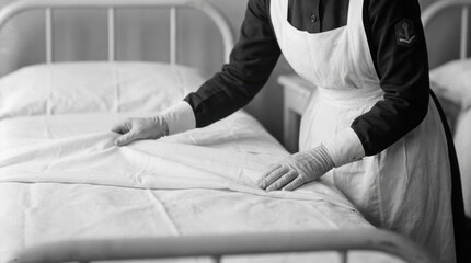 Fototapeta premium Nurse Makes Bed Hospital Scene