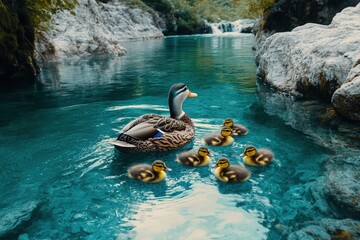 A tranquil scene of a mother duck and ducklings in a crystal-clear stream.