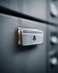 Close-up of a metal filing cabinet handle engraved with a small bell icon.