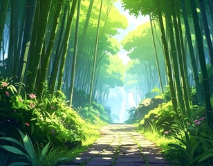 Animated scene of a path winding through a sunlit bamboo forest