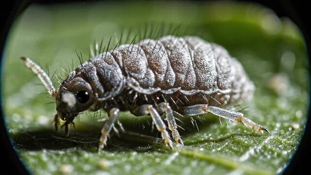 Closeup of a gray pillbug isopod crawling on a green leaf in natural outdoor habitat.