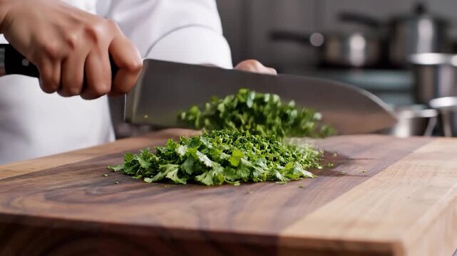 A chef skillfully chops fresh herbs with a cleaver on a wooden cutting board