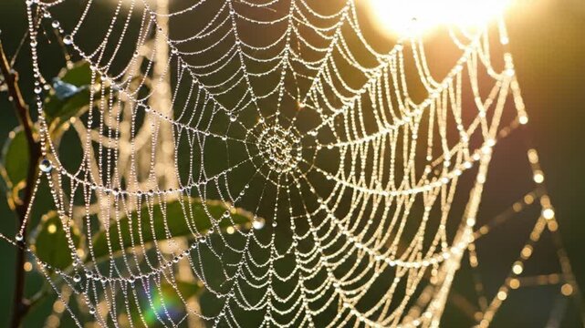 Morning sunlight illuminates a delicate spider web covered in dew drops, showcasing intricate patterns and textures in a serene natural setting.