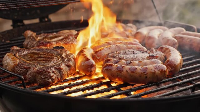 Steak and sausages grilling on a barbecue with flames burning underneath