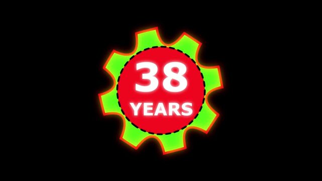 Abstract 38 years glow alphabet number in sphere. 38 years text animation effects anniversary with setting gear animation on black background.