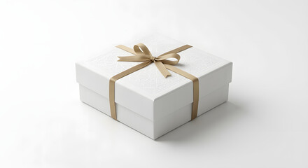 Obraz premium Luxury white square gift box wrapped with elegant gold satin ribbon and bow, featuring subtle embossed detail, isolated on a clean white studio background.
