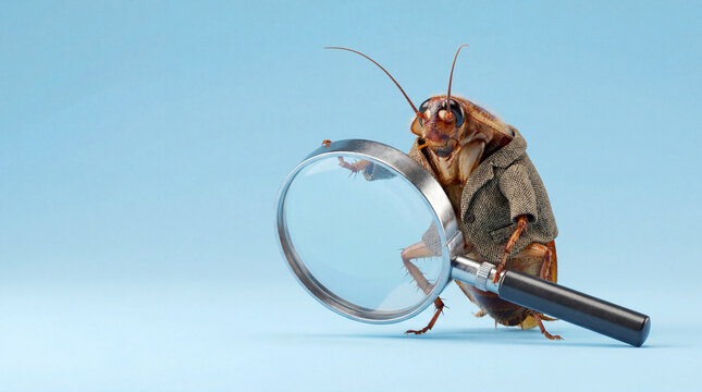 Anthropomorphic cockroach character holding a magnifying glass on blue for scientific research, pest control, detailed examination, and curious discovery concepts.