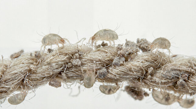 Extreme Macro Dust Mites on Carpet Fibers, Illustrating Household Dust Organisms and Microscopic Allergy Triggers for Health Risk Awareness, Scientific Education, and Indoor Air Quality Websites